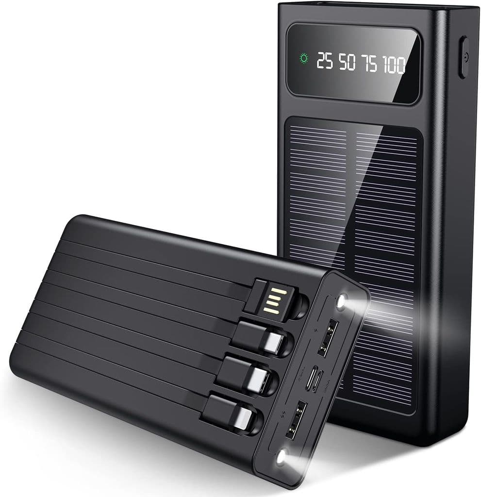 SiGN Kraftig Solcelledrevet Powerbank med Innebygde Kabler, 20000mAh - Svart