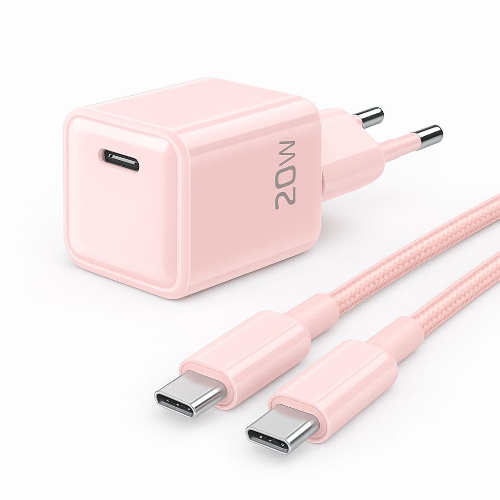 20W USB-C hurtiglader med 60W kabel for iPhone 15, iPhone 16 og iPhone 17 – rosa
