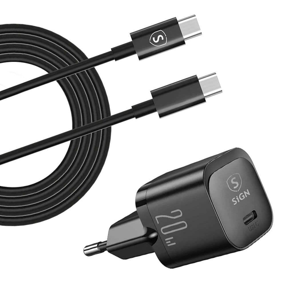 SiGN hurtiglader 20W USB-C + 2m kabel – For Samsung S20/S21/S22/S23/FE – Svart