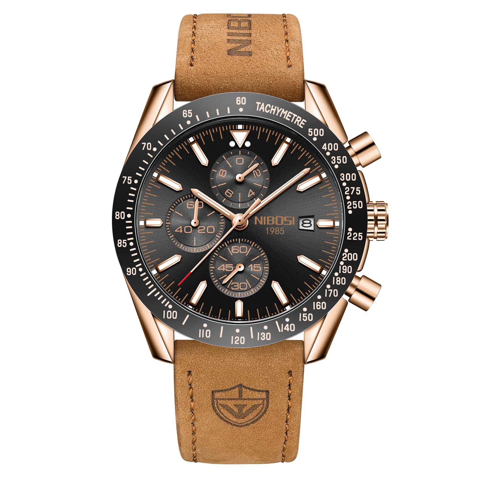 Nibosi Trackmaster Rose Gold Black Leather