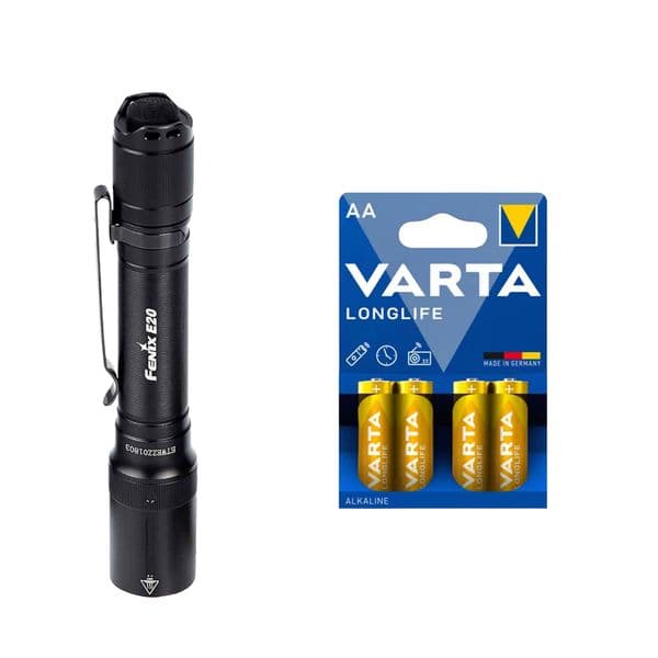 Lommelykt FENIX E20 V2.0 - 350 lm / 127 mm / 2 x AA, Fenix E20 V2.0 + 4 stk. Varta Long Life AAA-batterier