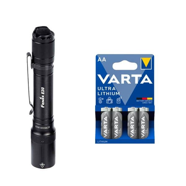 Lommelykt FENIX E20 V2.0 - 350 lm / 127 mm / 2 x AA, Fenix E20 V2.0 + 4 stk. Varta Ultra Lithium AAA-batterier