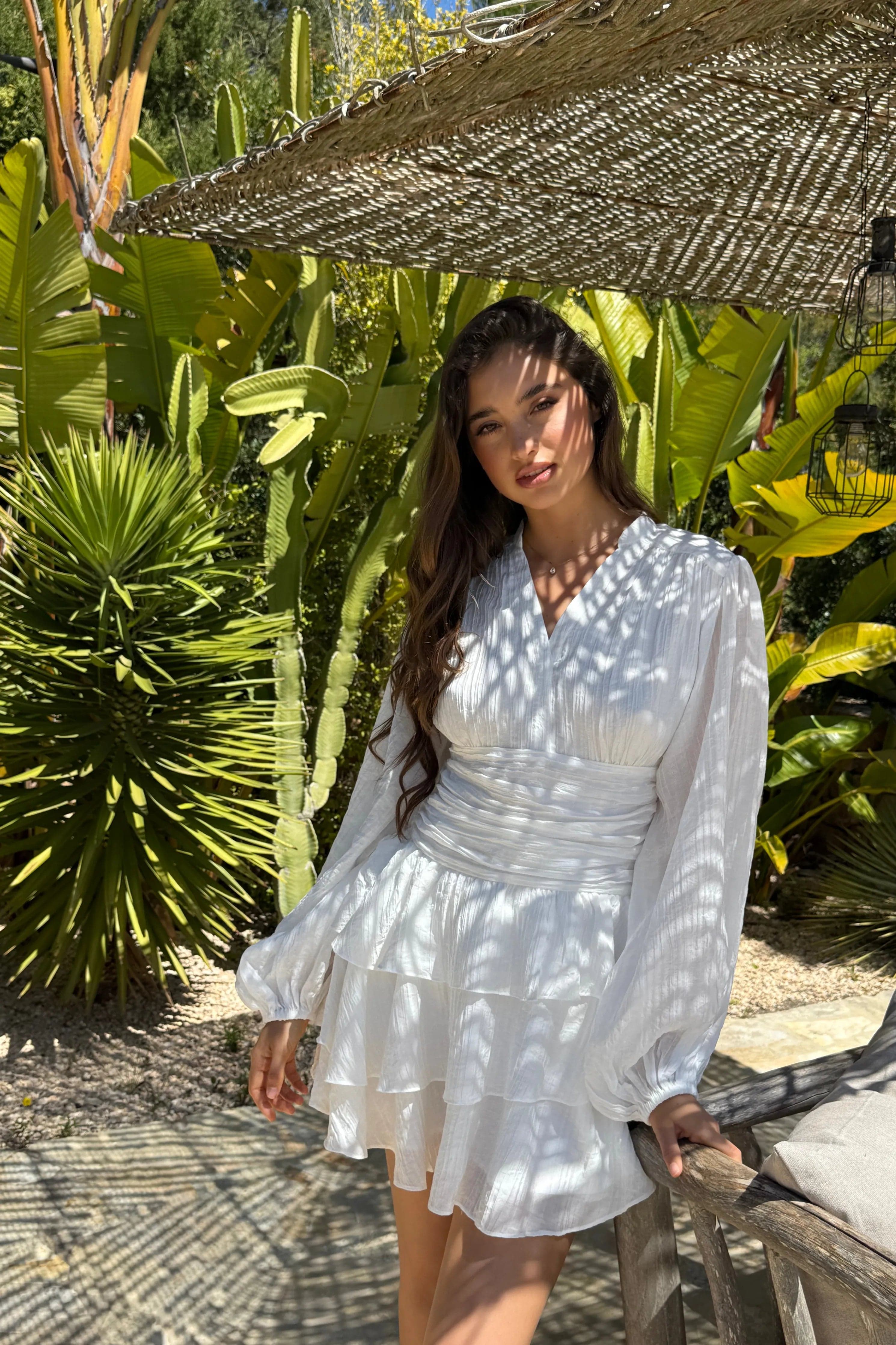 Nadine Belted Ruffle Dress - Snow Flake