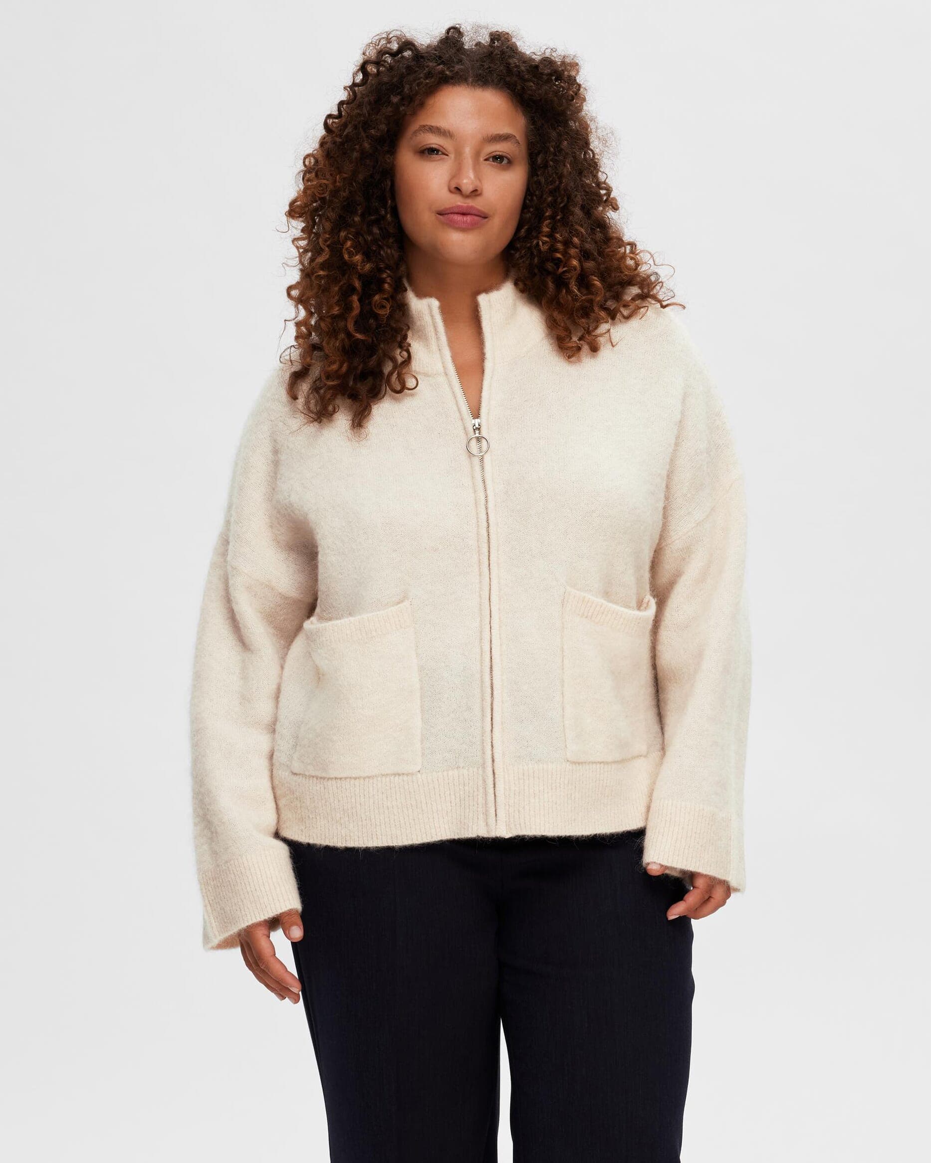 SELECTED FEMME Cardigan Sia Ras Zipper Ullmiks, L, SELECTED FEMME Cardigan Beige L