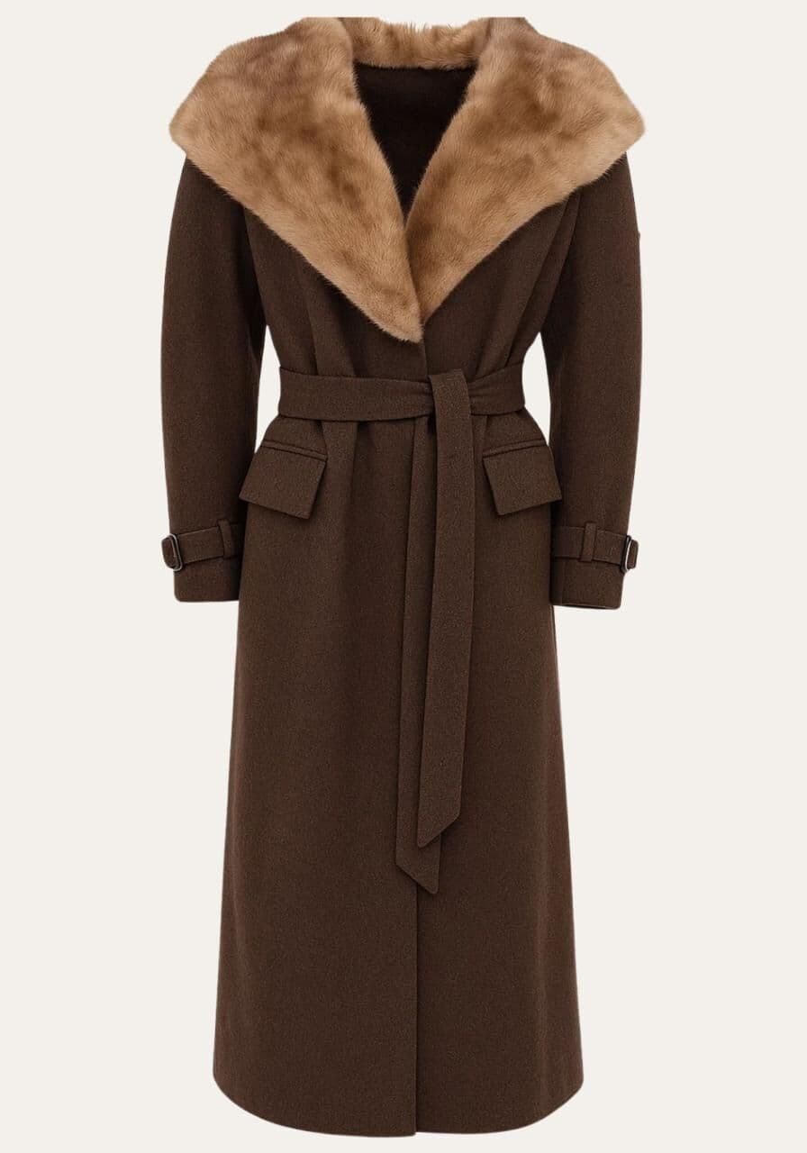 Mantel Valentina – Kaschmir mit Fellkragen und Kapuze - Größe: 3XL