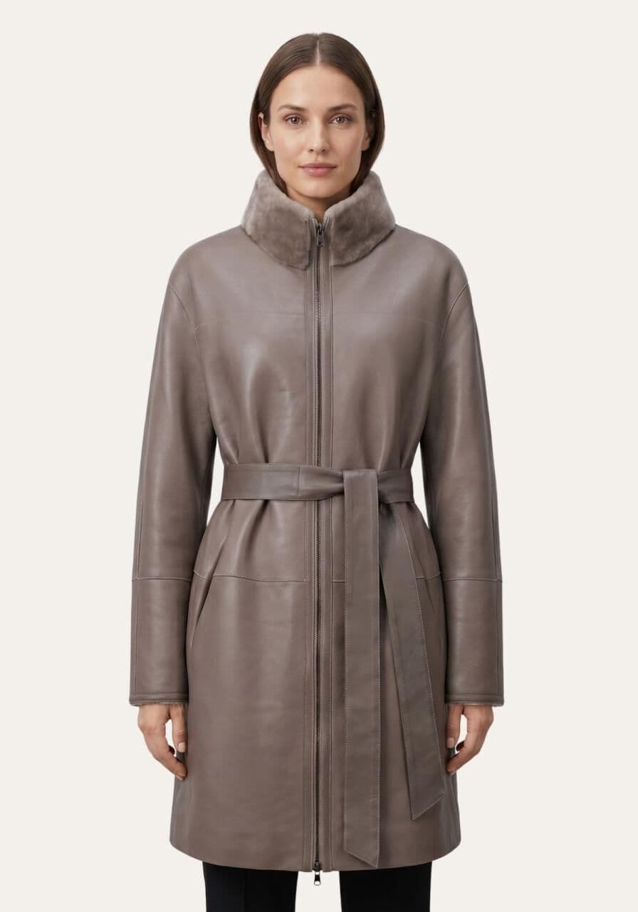 Wende-Lammfellmantel aus Shearling Graubraun - Größe: M