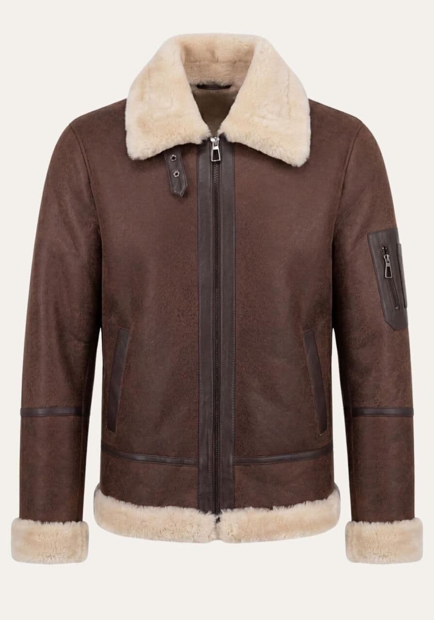 Lammfell Bomberjacke Aviator Mahagoni aus Merino Shearling - Größe: M
