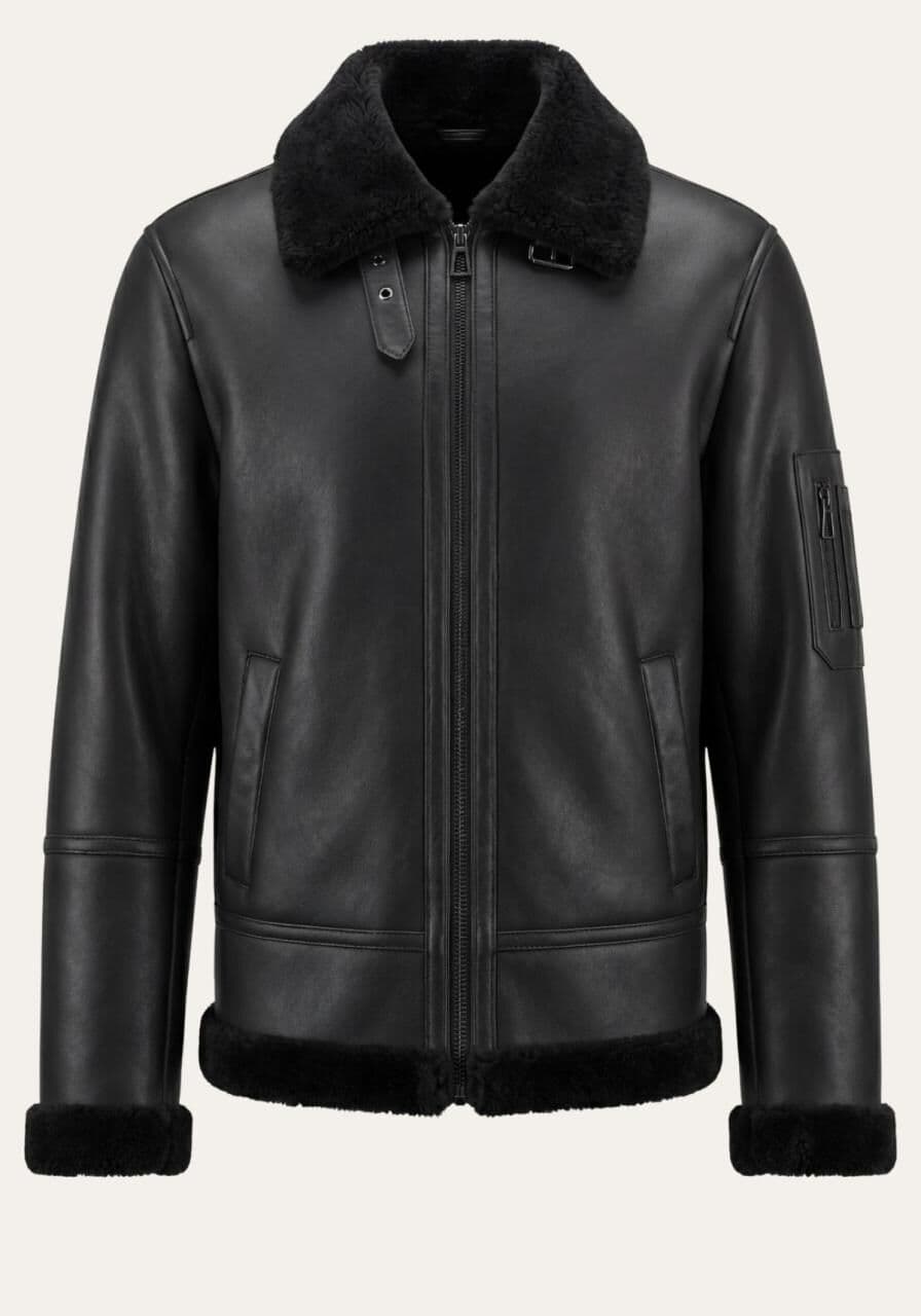 Lammfell Bomberjacke Aviator Black aus Merino Shearling - Größe: L