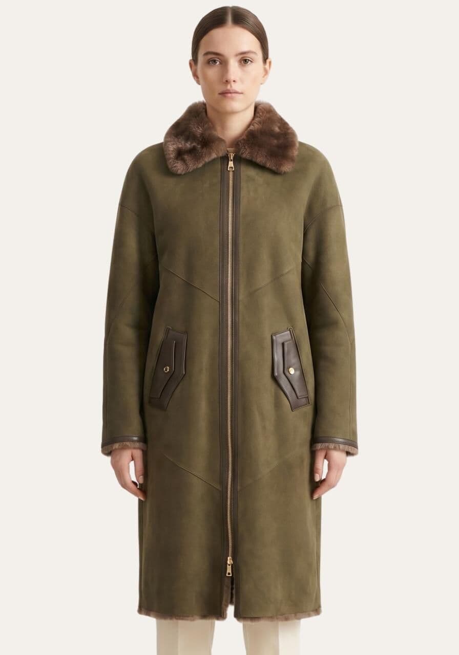 Shearling Lammfellmantel in Olive Modell 1134 - Größe: M