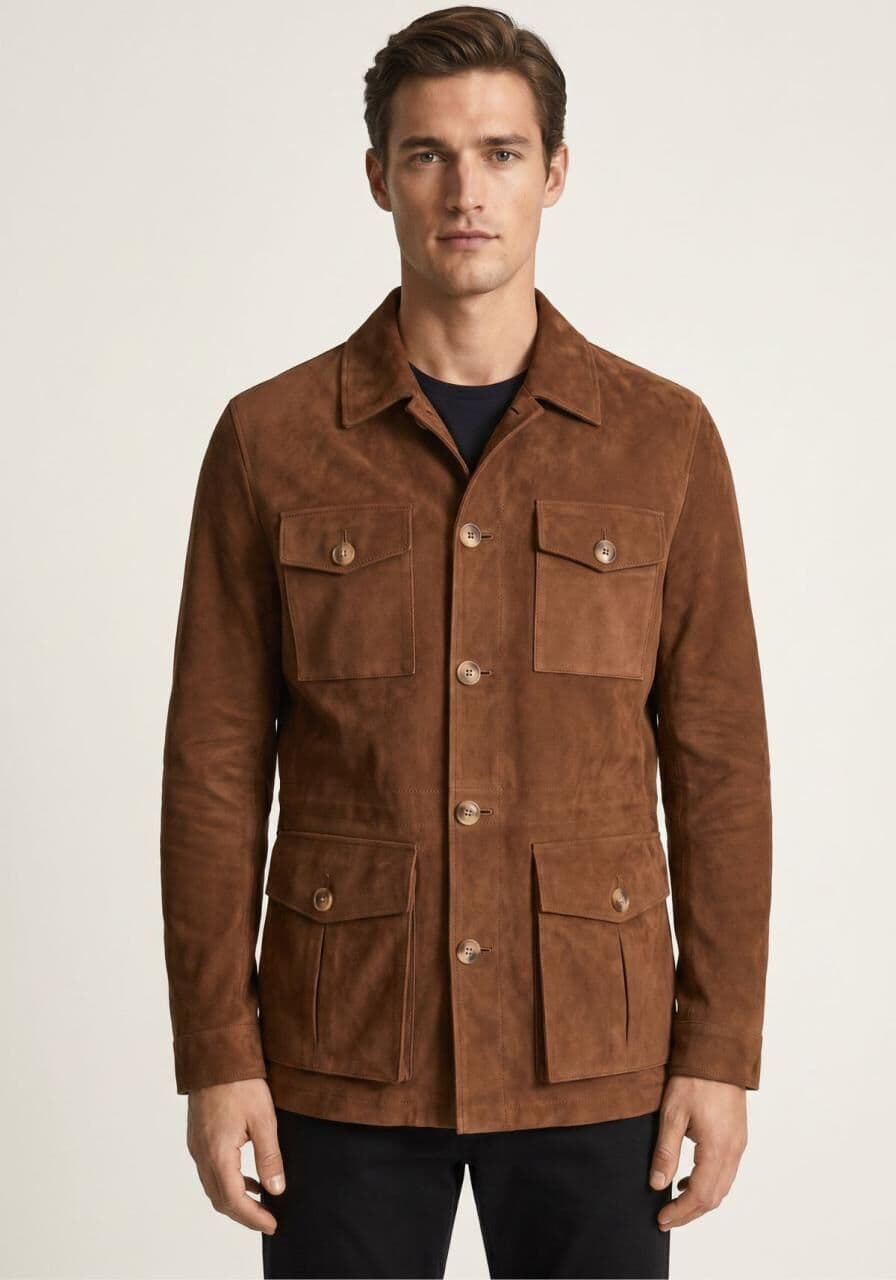 Lederjacke in Cognac Klassischer Safari Stil - Größe: L