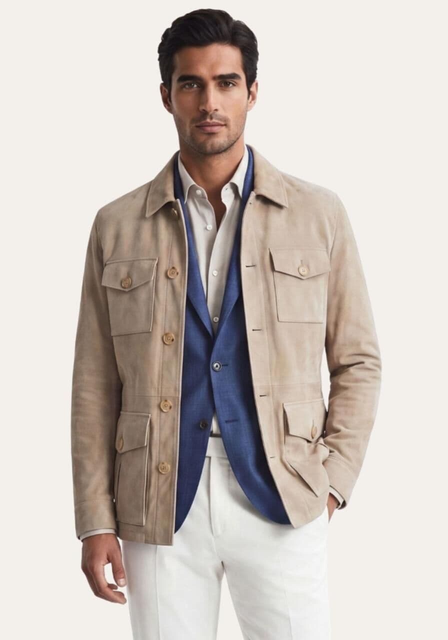 Lederjacke in Beige Klassischer Safari Stil - Größe: 3XL