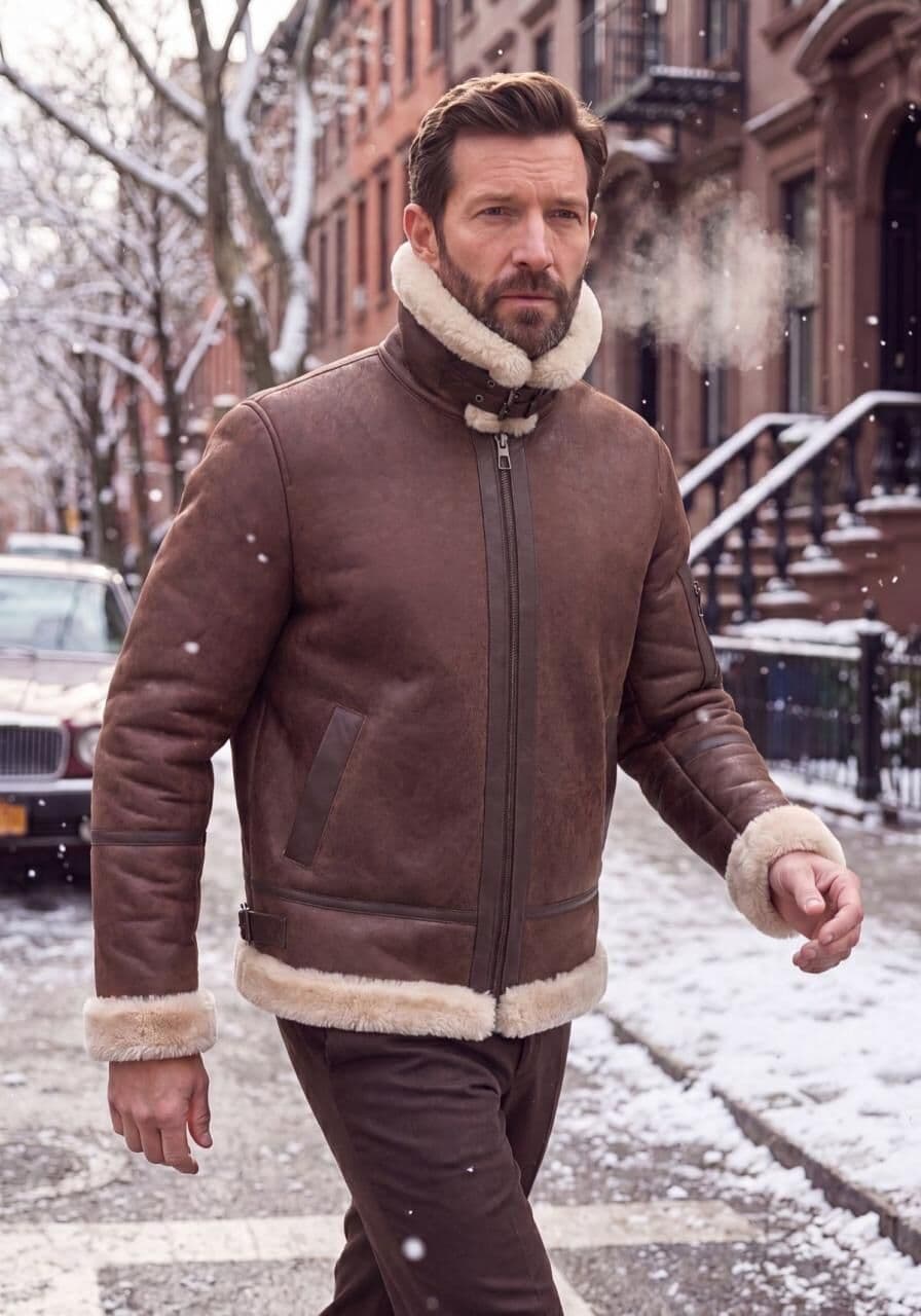 Lammfell Bomberjacke Aviator Mahagoni aus Merino Shearling - Größe: M