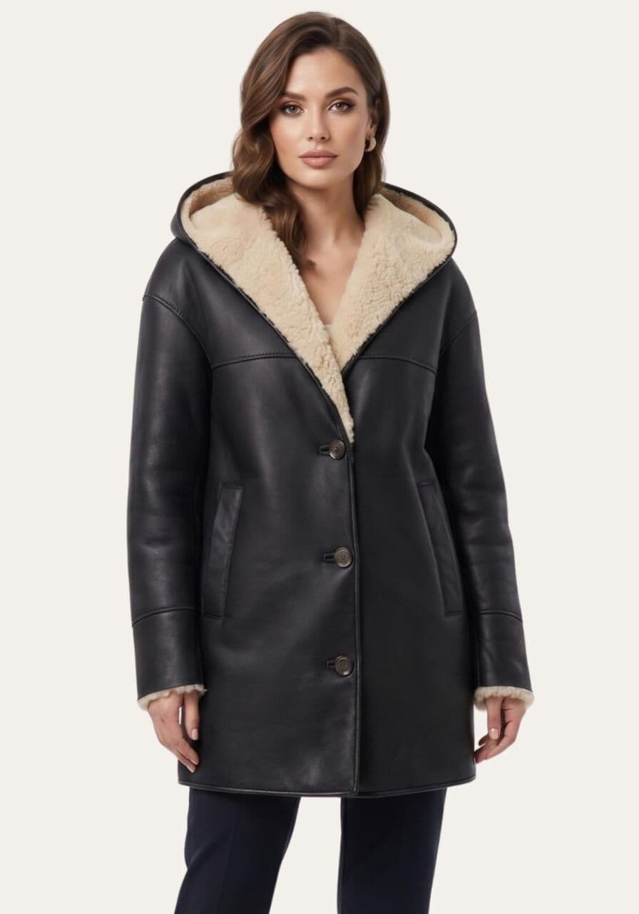 Shearling Oversize-Jacke mit Kapuze - Größe: M