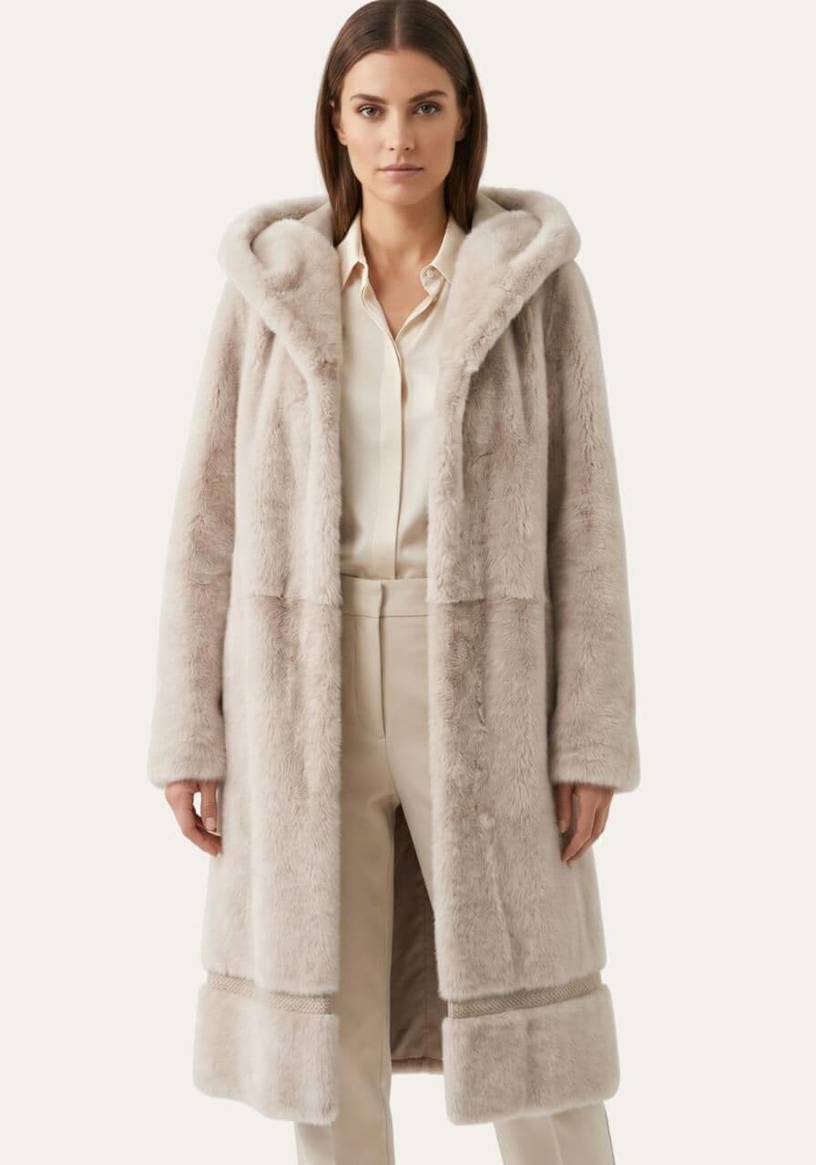 Shearling Lammfellmantel Creme-Beige mit Kapuze Modell 1053 -