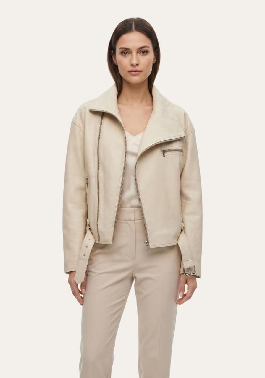 Lederjacke im Biker Stil – Geschmeidige Qualität in Beige - Größe: M