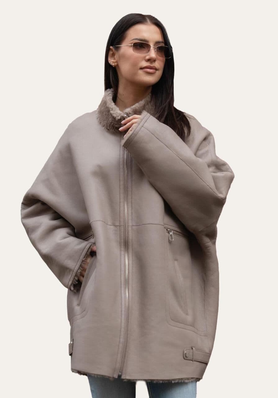 Lammfelljacke Laure Beige Oversize - Größe: M