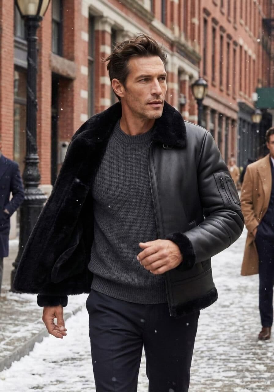 Lammfell Bomberjacke Aviator Black aus Merino Shearling - Größe: L