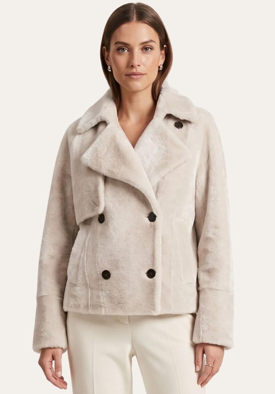 Shearling-Lammfelljacke in Creme-Beige Doppelreihige Kurz... - Größe: M