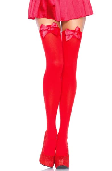 Nylon Thigh Highs With Bow Red - Onesize