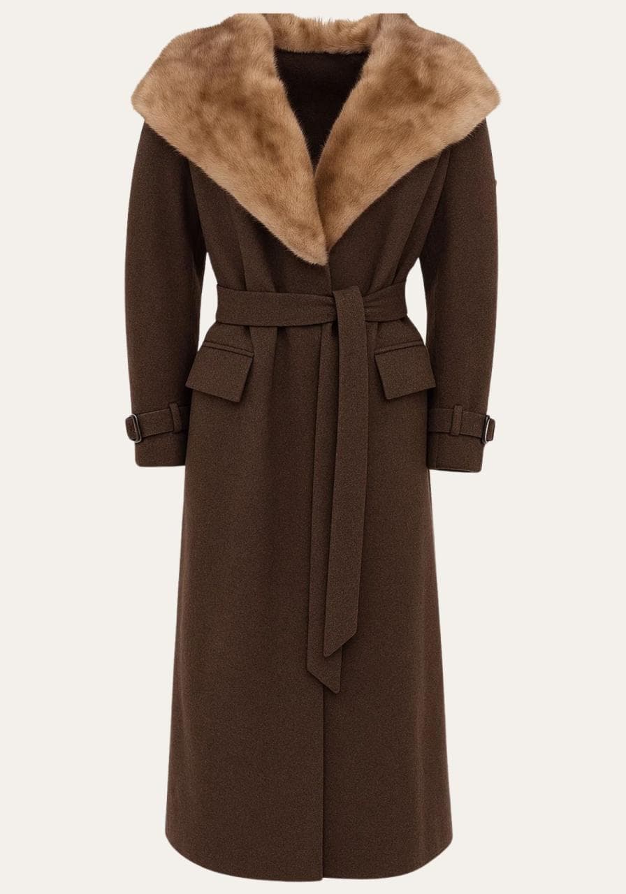 Mantel Valentina – Kaschmir mit Fellkragen und Kapuze - Größe: 3XL