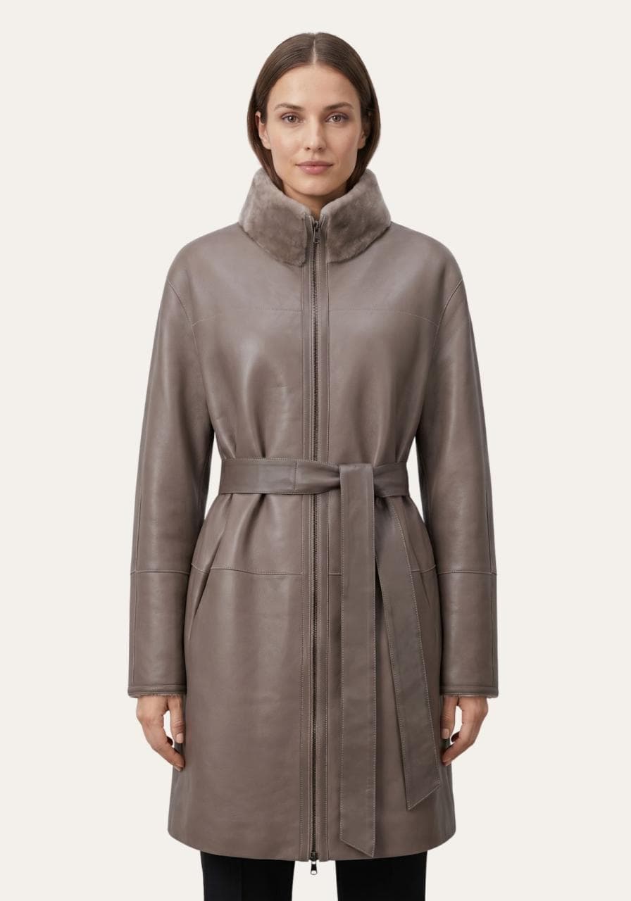 Wende-Lammfellmantel aus Shearling Graubraun - Größe: XL