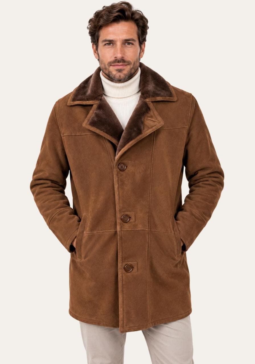 Shearling Lammfell-Kurzmantel Braun im zeitlosen Car-Coat... -