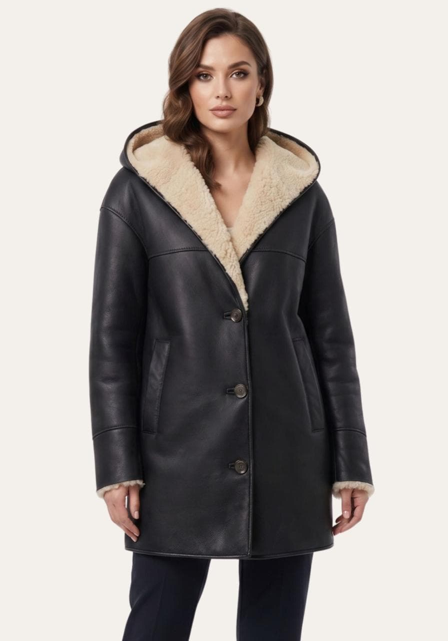 Shearling Oversize-Jacke mit Kapuze - Größe: M