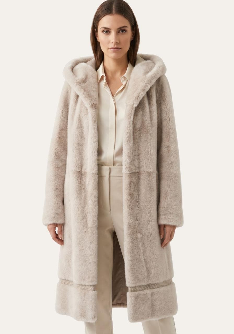 Shearling Lammfellmantel Creme-Beige mit Kapuze Modell 1053 -