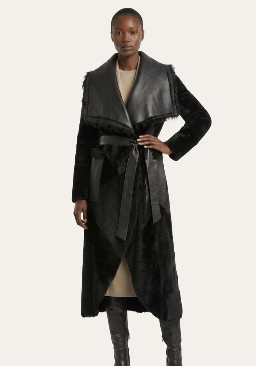 Shearling Lammfellmantel mit opulentem Fellkragen Schwarz - Größe: L