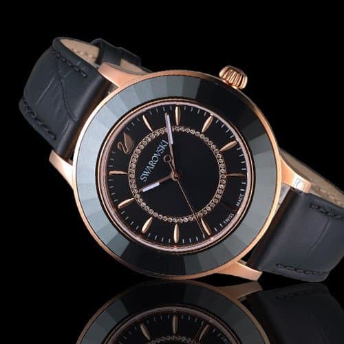 Swarovski Women's Watch Octea Lux Rose Gold Tone Case Black Dial Strap 5414410