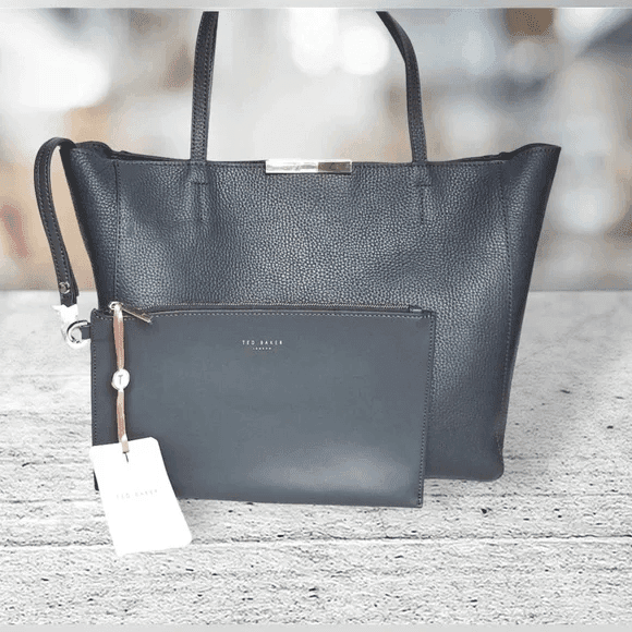 Ted Baker Clarkia Charcoal Soft Grain Faceted Bar Shopper Bag with Wristlet Pouch