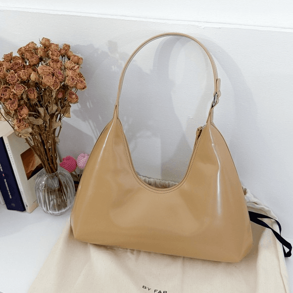 BY FAR Amber Kraft Beige Semi-Patent Leather Crescent Shoulder Bag Purse