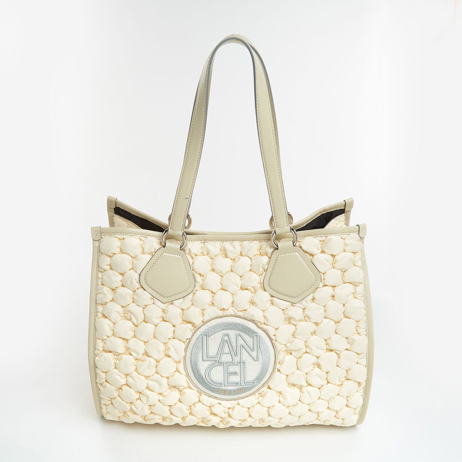 LANCEL Bubble Cream Tote Bag Nylon & Leather Large Shopper Shoulder Bag