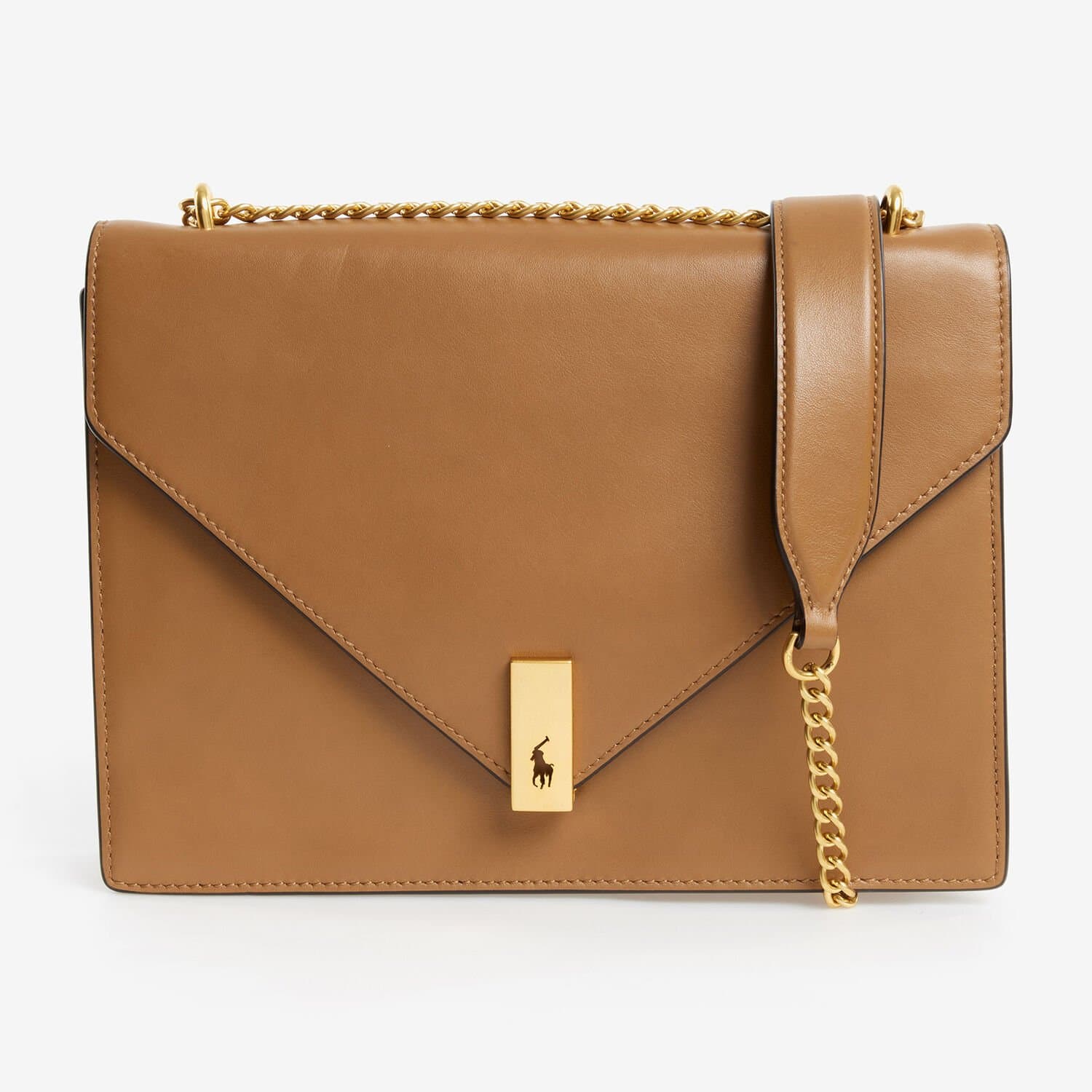 Polo Ralph Lauren Polo ID Tan Leather Envelope Chain Crossbody Sling Bag