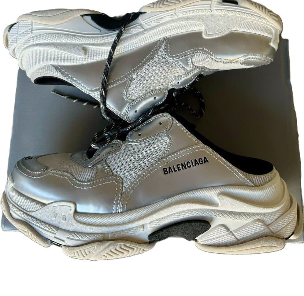 Balenciaga Triple S Mules Slip On Trainers Black White Silver Women