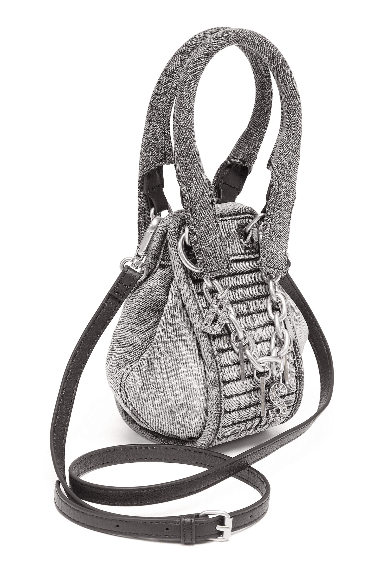 Diesel D-Vina-XXS Distressed Mini Bag Black Denim Logo Chain Unisex