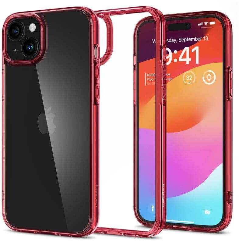 Spigen Ultra Hybrid (iPhone 15 Plus) - Transparent/Rød