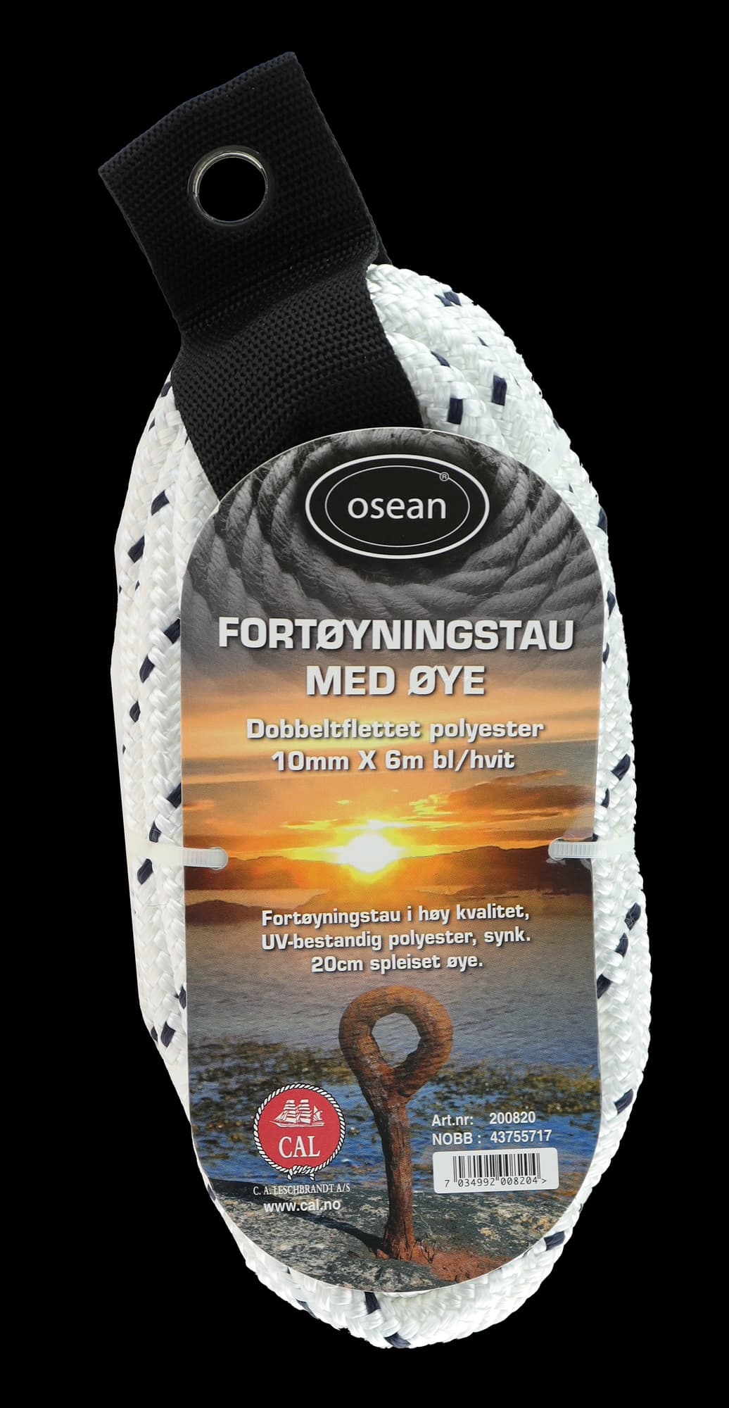 Fortøyningstau m/øye - Hvit / Blå - 10 mm - 6m - Flettet - 1900kg