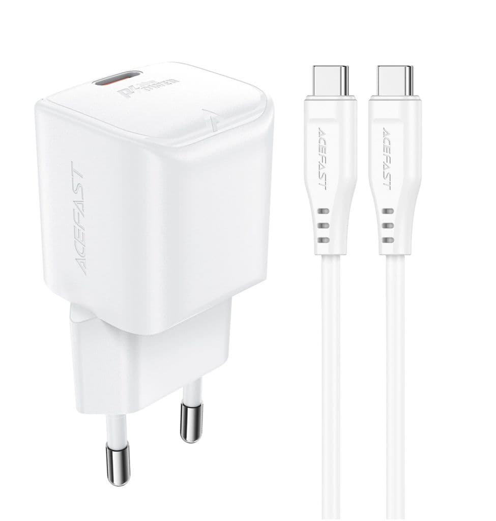 Acefast Mini USB-C vegglader, 30W, PD, GaN med USB-C-kabel - Hvit