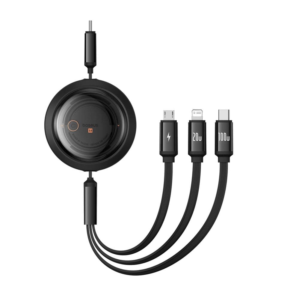 Baseus Uttrekkbar USB-C til Lightning / USB-C / micro USB-kabel, 100W - Svart