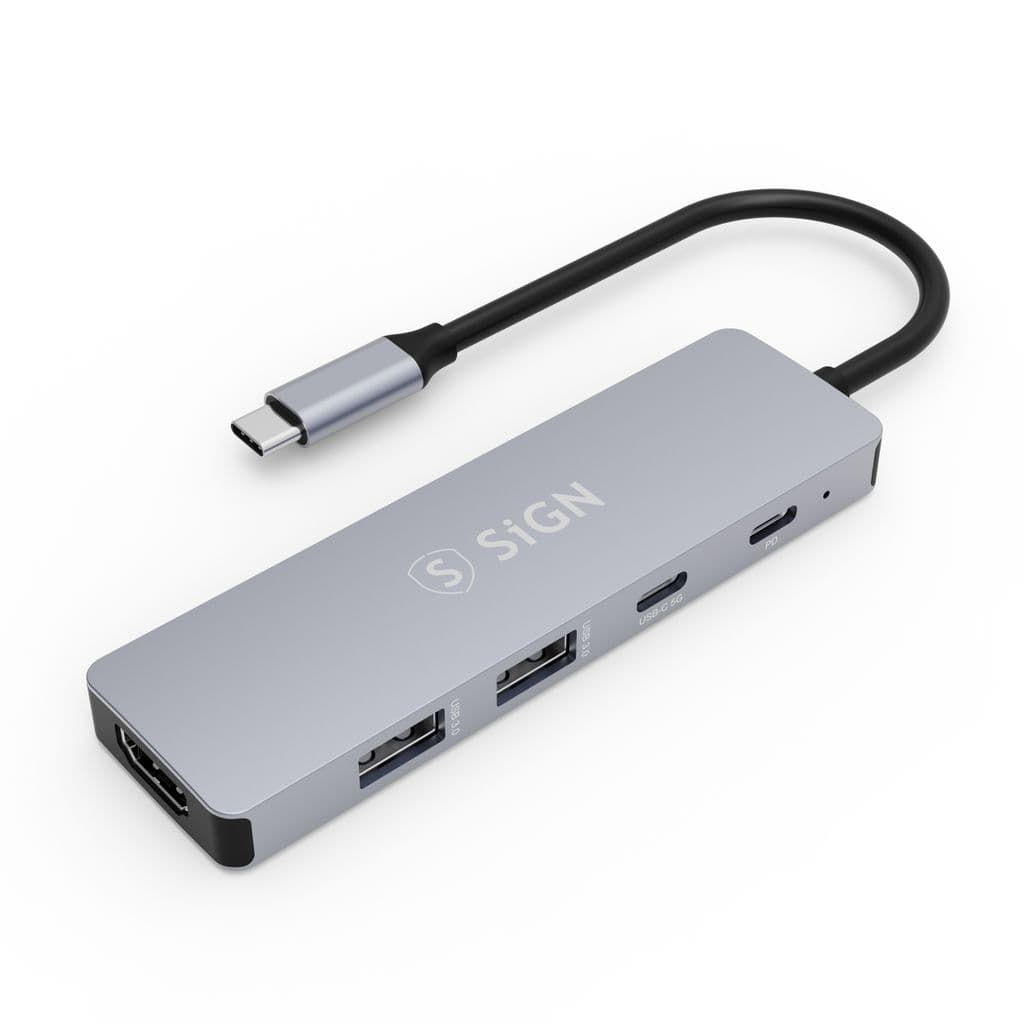 SiGN 5-i-1-hub USB-C til USB-A / USB-C 100W / PD / HDMI 4K@60Hz - Grå