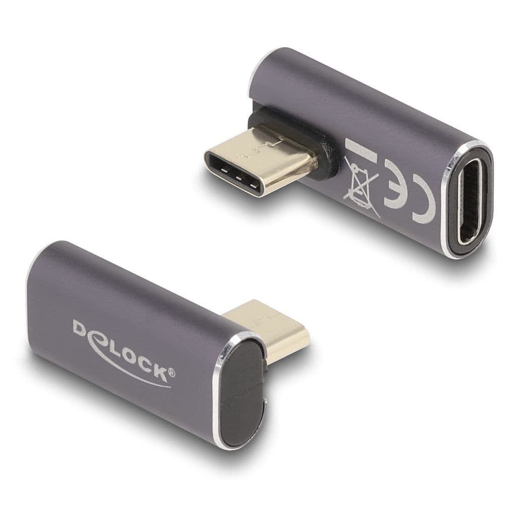 Delock USB-C vinklet adapter hann-til-hunn, 40 Gbps, 240W PD, 8K @ 60Hz - grå