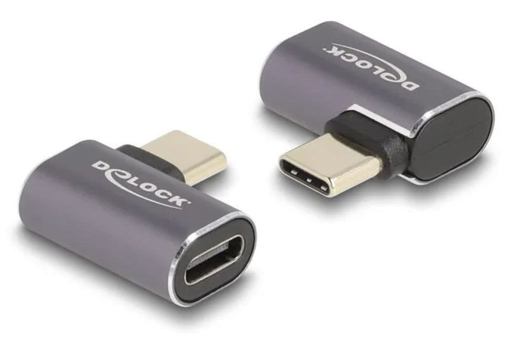 Delock USB-C vinklet adapter hann-til-hunn, 40 Gbps, 240W PD, 8K @ 60Hz - grå