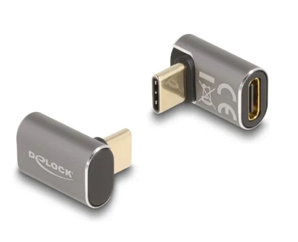 Delock USB-C vinklet adapter hann-til-hunn, 40 Gbps, 240W PD, 8K @ 60Hz - grå