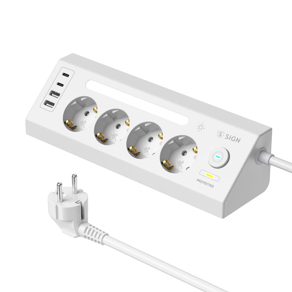 SiGN hurtigladende strømskinne for skrivebord 4-veis/2x USB-A/2x USB-C 1,8m – hvit