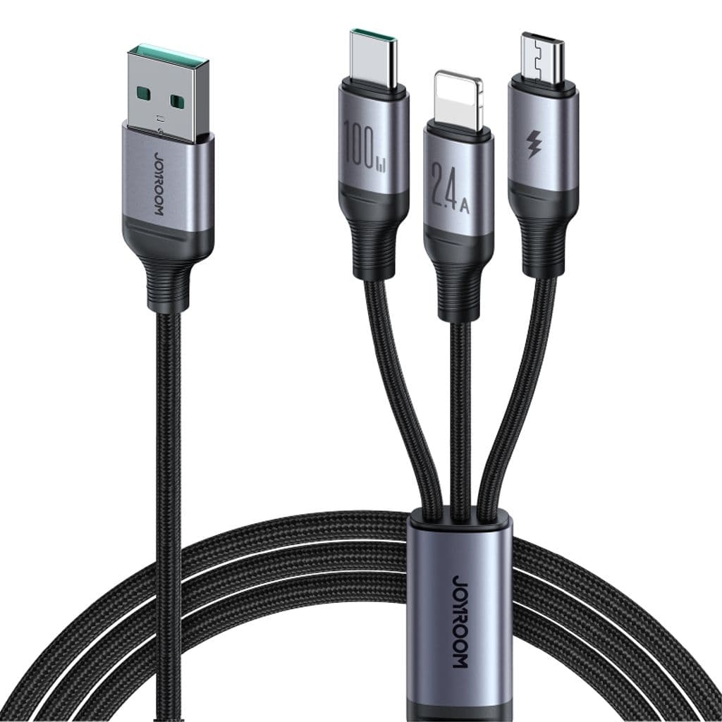 Joyroom 3-i-1 USB-A til Lightning, USB-C, Micro-USB, 100W, 1,2m - Svart