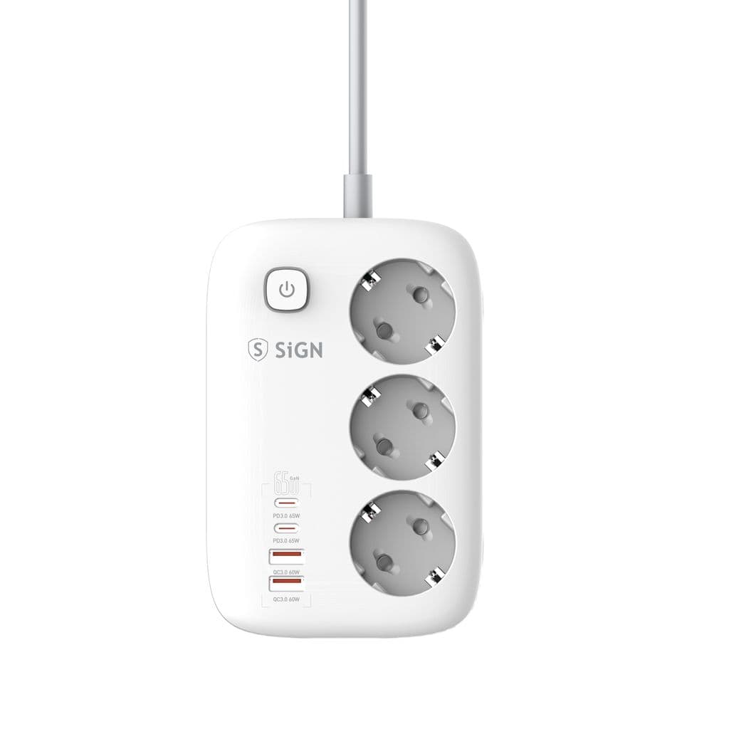 SiGN 65W GaN hurtigladende grenuttak 3-veis/2x USB-A/2x USB-C, 2m - Hvit