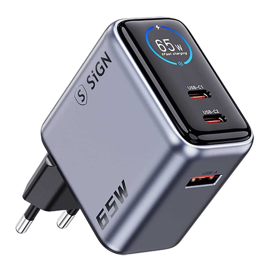 SiGN 65W hurtiglader med skjerm – 2x USB-C / 1x USB-A – Grå