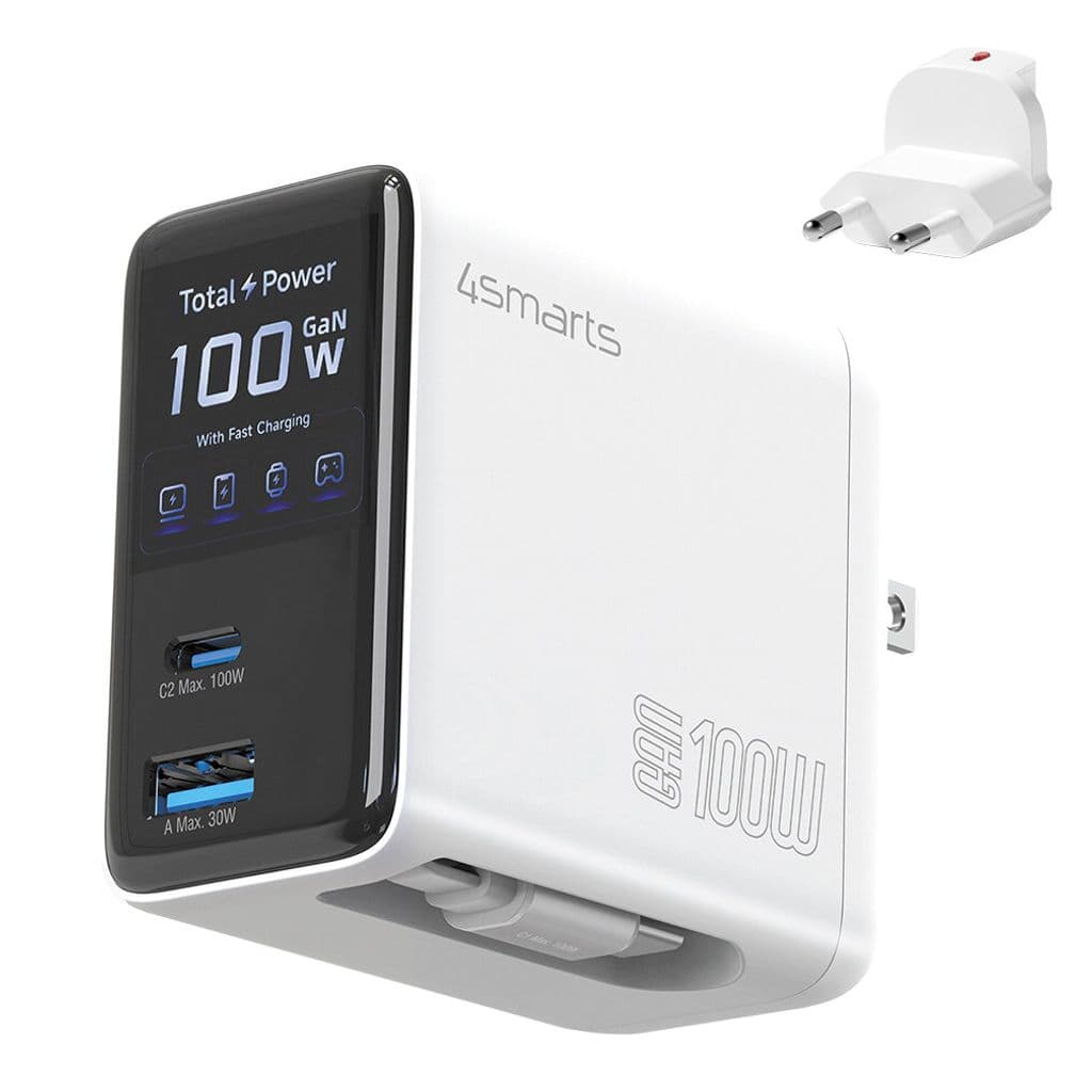 4Smarts GaN Flex 100W reiseadapter/lader EU/US til USB-C/USB-A + USB-C-kabel