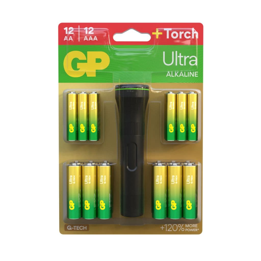 GP Ultra Alkaline 12xAA + 12xAAA – Lommelykt med på kjøpet